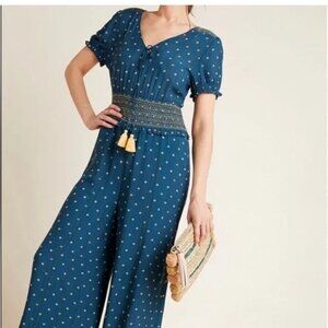 *Farm Rio Maxi Jumpsuit Teal Gold Micro Dot Floral Smocking size XS